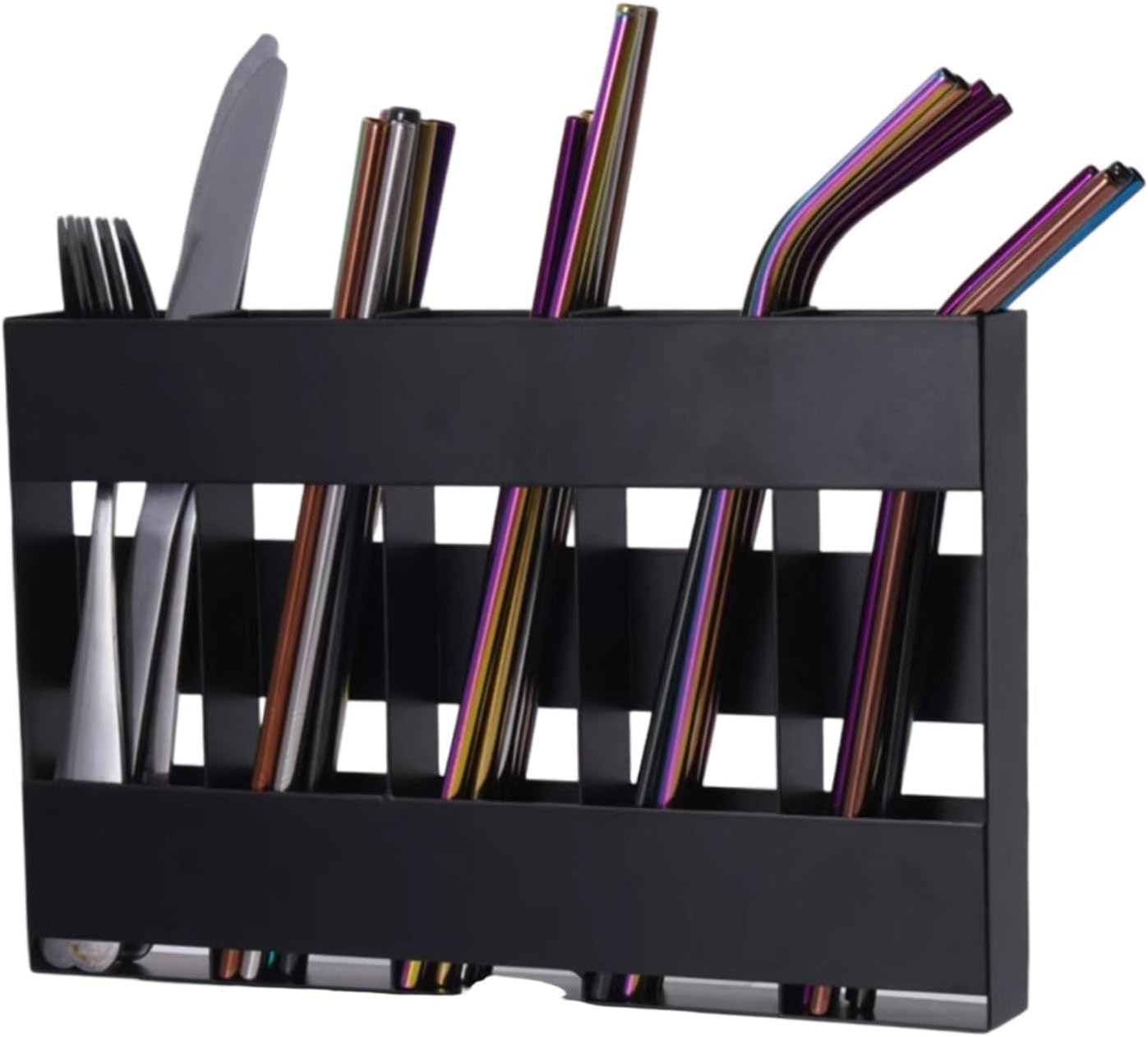 Reusable Metal Straw Holder Adhesive Wall Mount 5 Section Organizers Storage Rack For Home Kitchens Commercial Use Wall Mounted Straw Storage Organizers