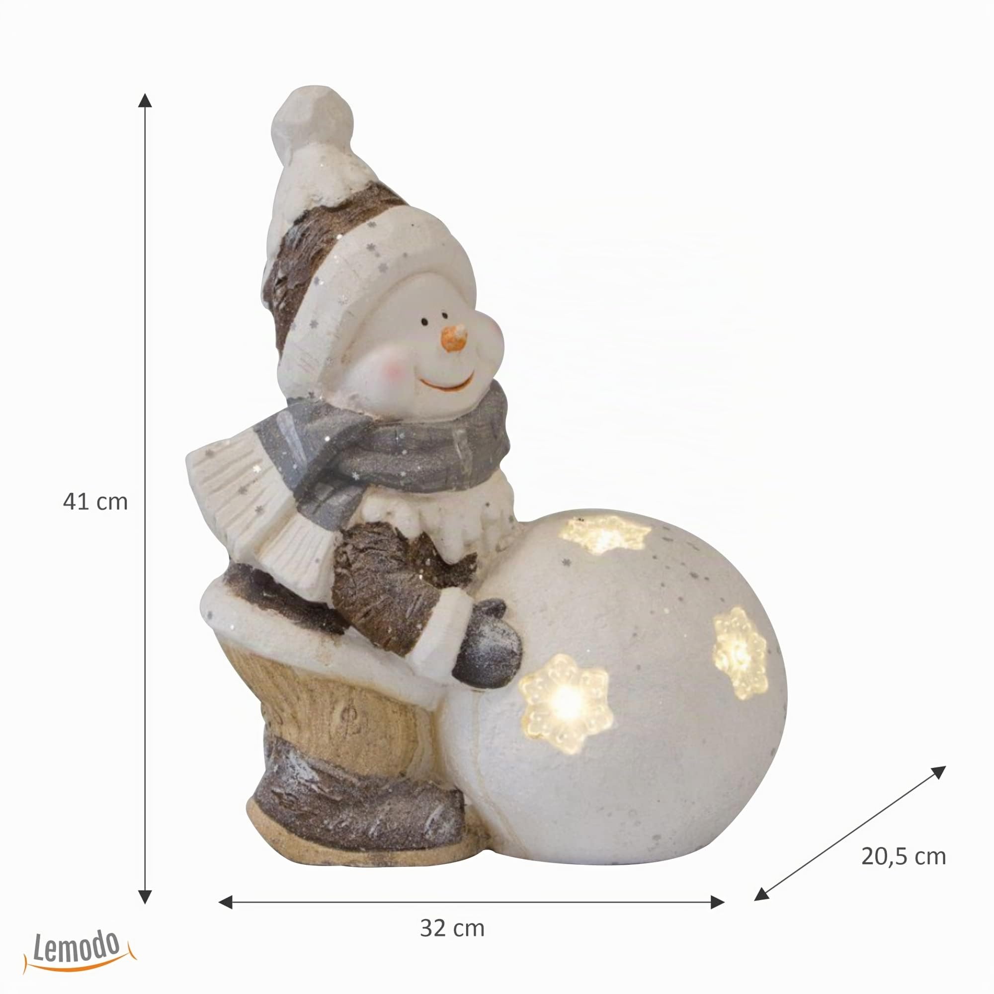 NATIV Lemodo Weihnachtsdeko Schneemann mit LED beleuchteter Schneekugel | Weihnachtsschmuck aus Magnesia | Weihnachtsfigur 41 cm hoch | Tolle Geschenkidee zu Weihnachten