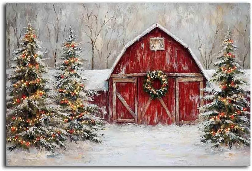 MNFGMH Christmas Farm Red Barn Rustic Holiday Decor Festive Wall Art Farmhouse Winter Landscape Painting Vintage Country Print Christmas Picture