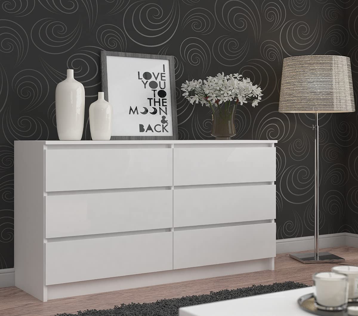 AKORD Cassettiera K 160 cm | 6 Cassetti (2 x 3) | Moderna Mobiletto per il soggiorno Camera da letto Armadio Soggiorno Bagno | Salvaspazio | 160 x 77 x 40 cm | Peso 70 kg |Bianco