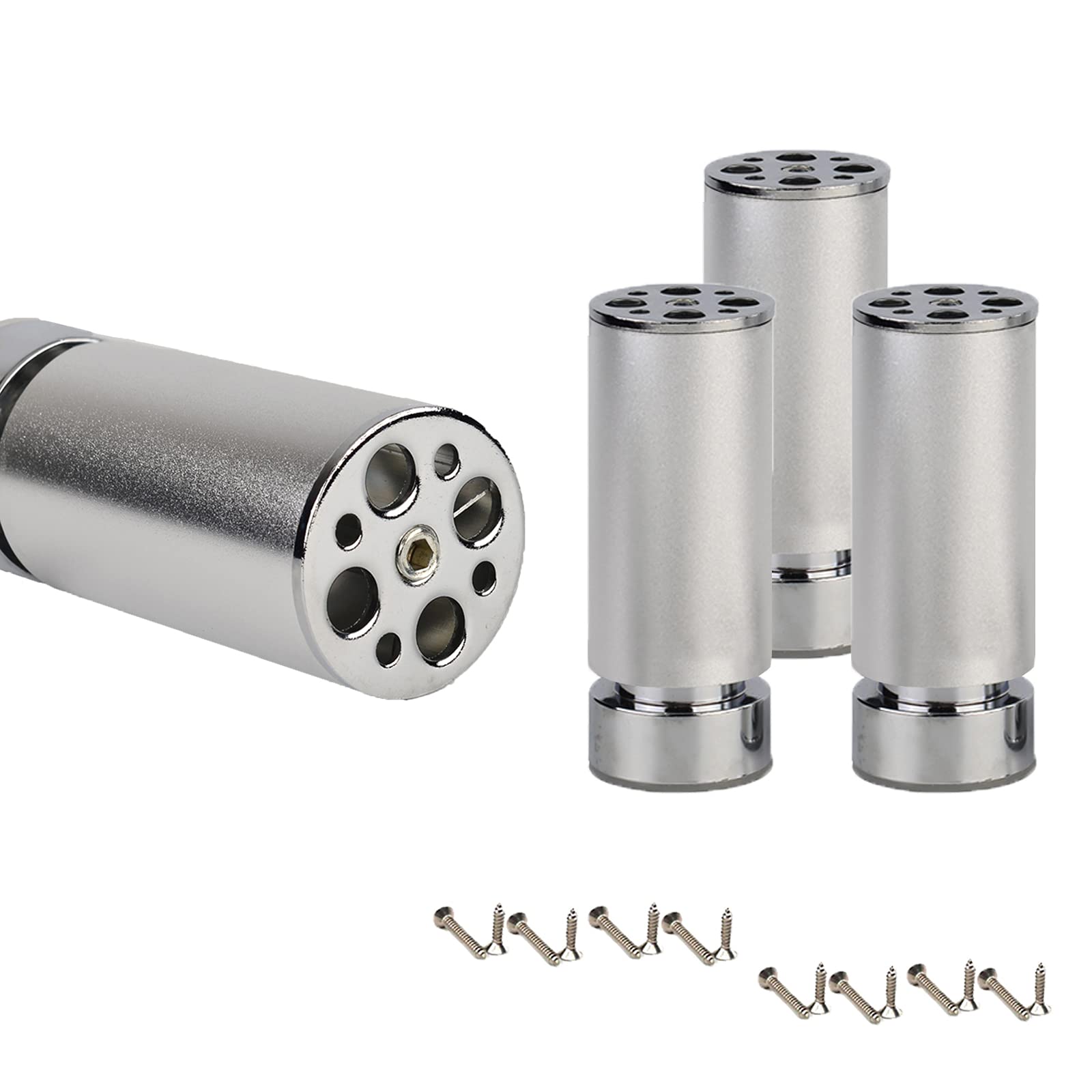 Regulowane okrągłe nogi sofy – srebrne aluminiowe nóżki meblowe 4-pak z antypoślizgowymi gumowymi podkładkami ABS, wysokość 8 mm, średnica 50 mm, idealne na stoły kuchenne i sofy.