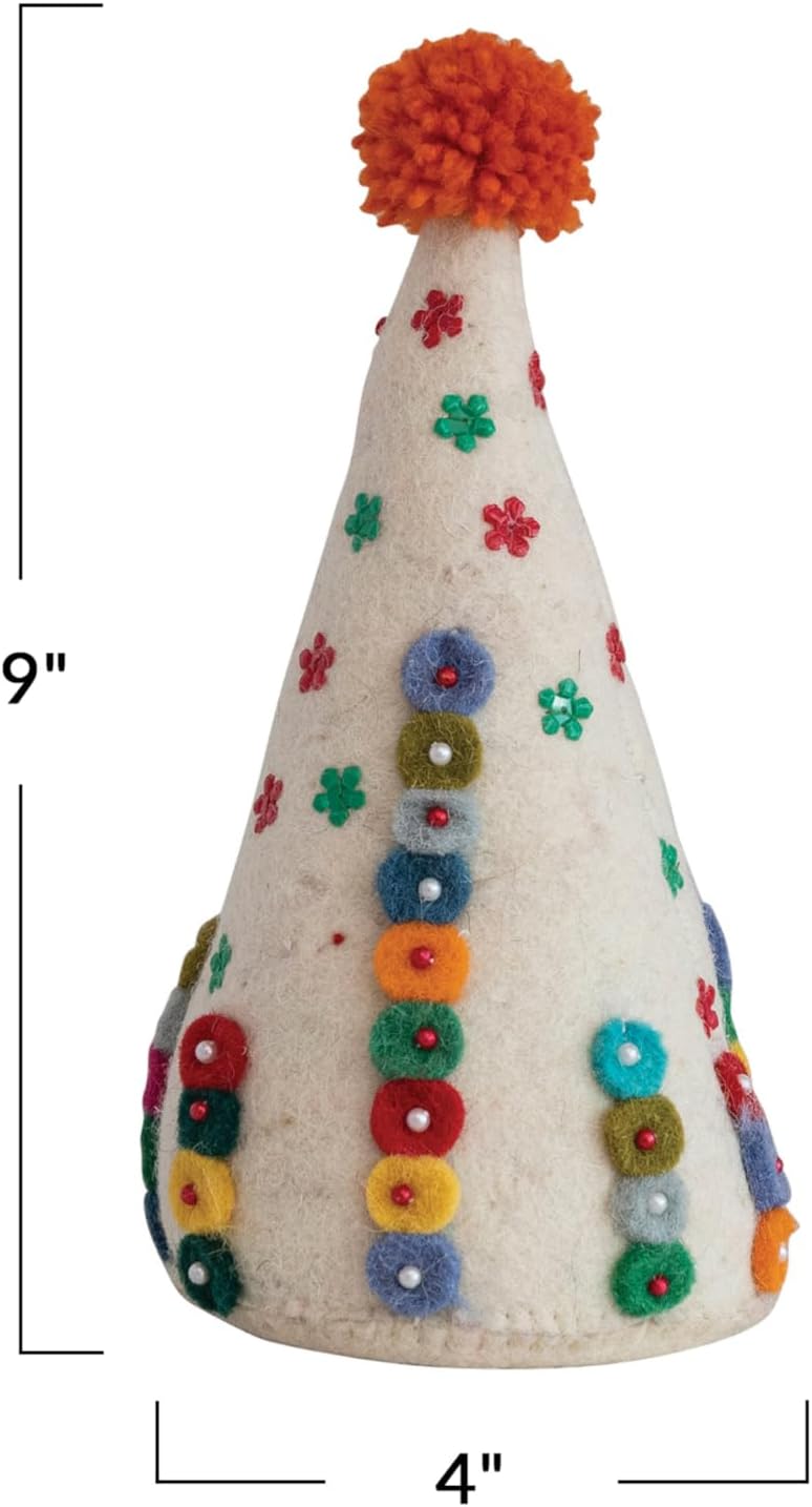Creative Co-Op 4" Round x 9" H Handmade Wool Felt Tree w/Beads, Embroidery & Pom Poms, Multi Color