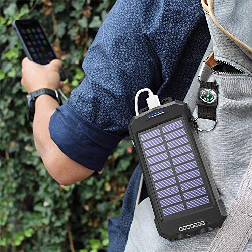 Solar Charger Wireless Power Bank, Portable 10000mAh Ultra-Compact External Battery Backup Pack Qi w 5V/2.1A Type-C Input,Solar Panel Emergency Charging, Dual Flashlights,Compass