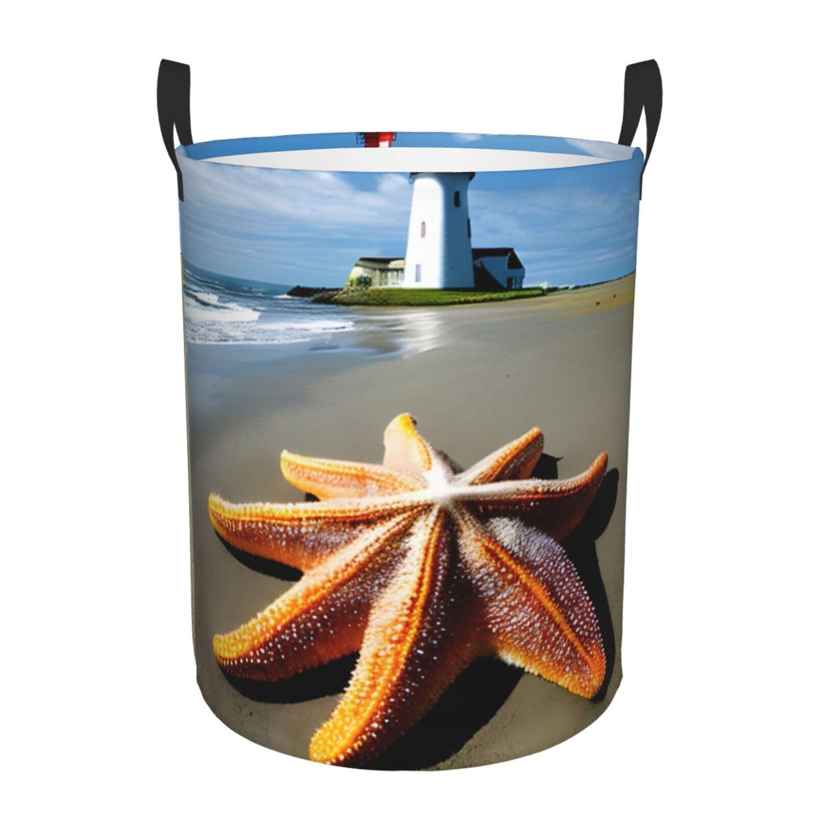 M Collapsible Laundry Hamper Round Starfish Lighthouse Beach Print Storage