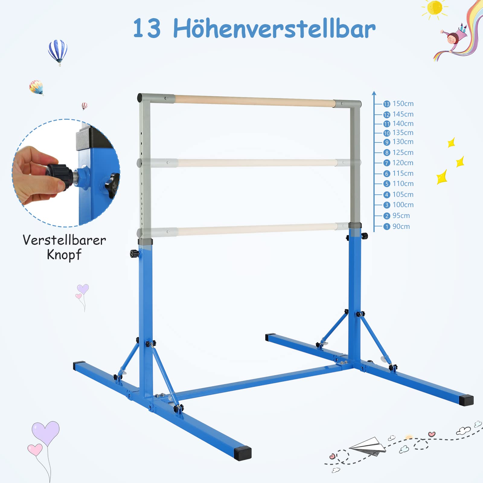 GYMAX Turnstange höhenverstellbar, Faltbare Übungsstange mit Rädern & rutschfeste Fußpolster, Turnreck bis 100 kg belastbar, Gymnastik Turnreck für Innen- & Außenbereich