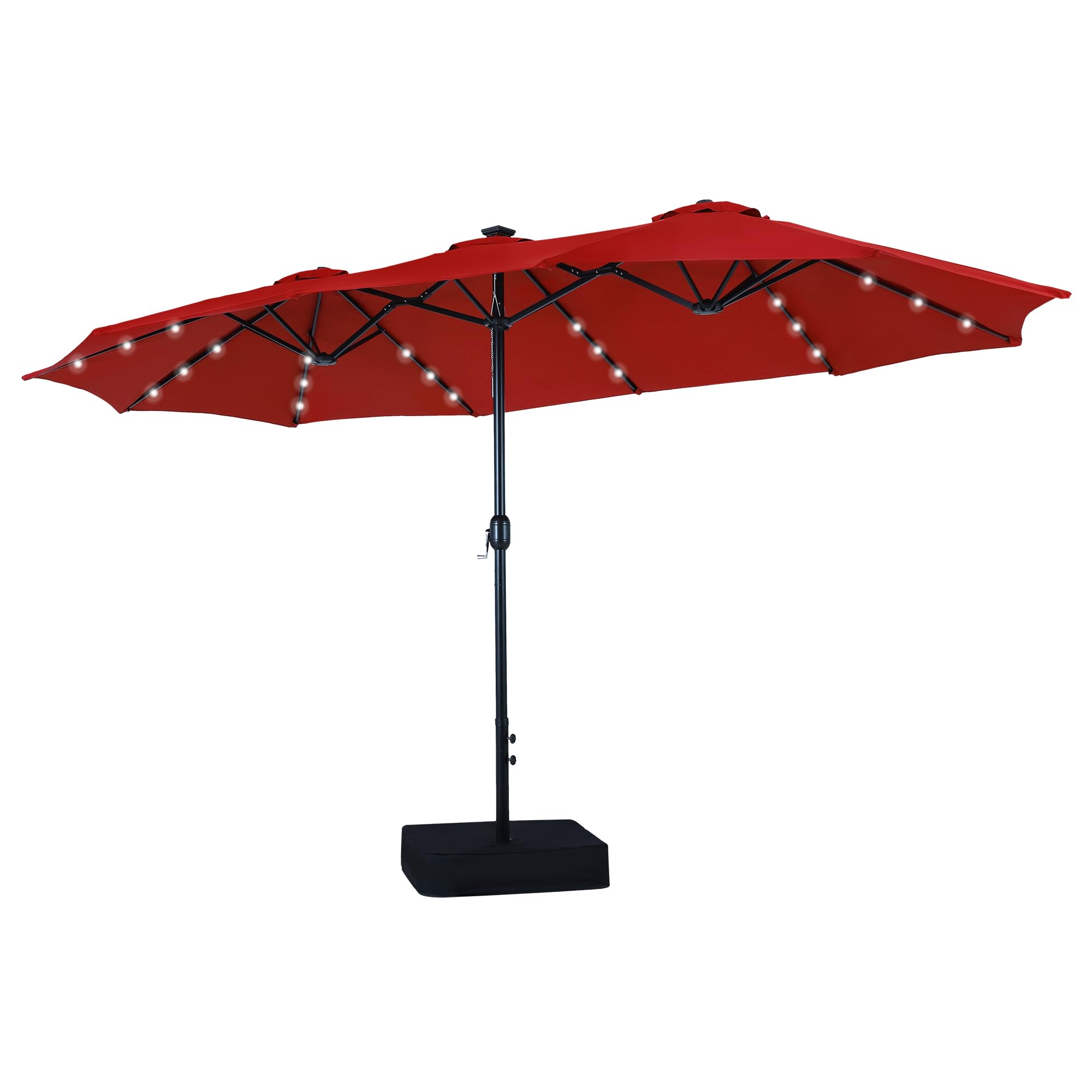 MFSTUDIO 15ft Double Sided Patio Umbrella with Solar Lights, Outdoor Large Rectangular Market Umbrellas with Base Included, Crank Handle and 36 LED Lights for Deck Pool Shade, Dark Red