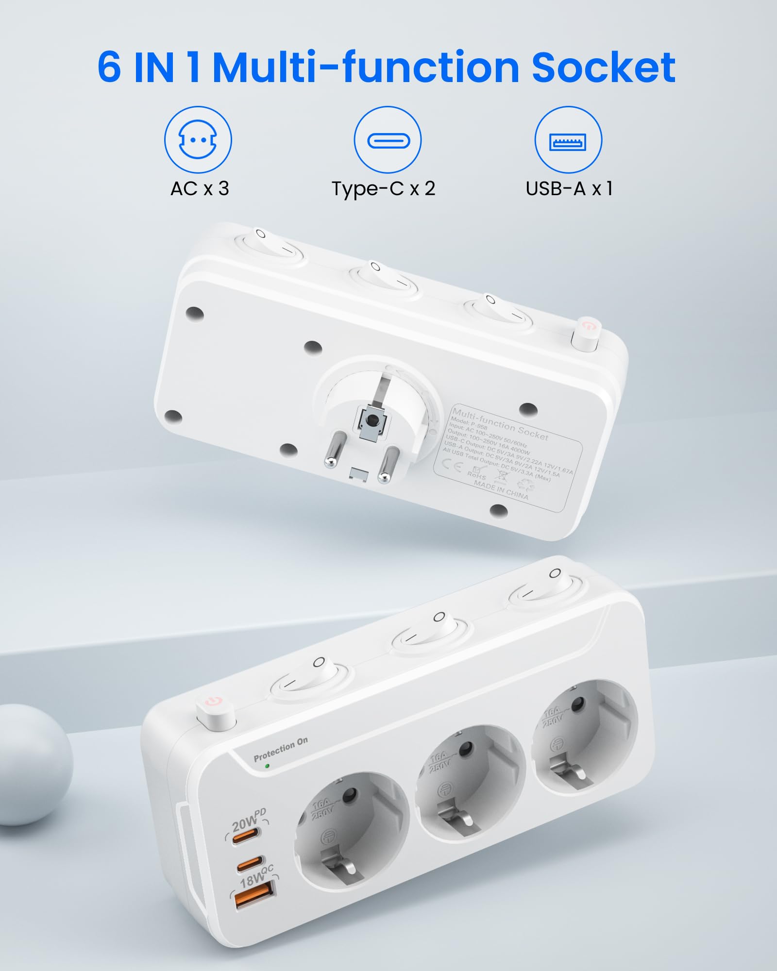 Ladron Enchufes USB C,Regletas Enchufes Pared Carga Rápida PD20W y QC18W,Enchufe Multiple 3 Tomas,Vertical Trifasico Enchufe con Interruptor,Adaptador Enchufe Triple Proteccion Sobretension,Blanco