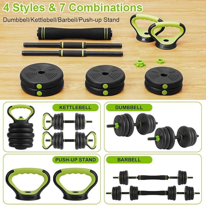 44LB Adjustable Weight Set, 4-In-1 Free Weights Used As Dumbbells, Barbells, Kettlebells, Push Up Stand, Exercises & Fitness Weight Sets for Women & Men for Home Gym