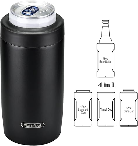 Morefeel Enfriador de latas delgado 4 en 1 de doble pared de acero inoxidable aislado, funciona con latas delgadas de 12 onzas, latas estándar,