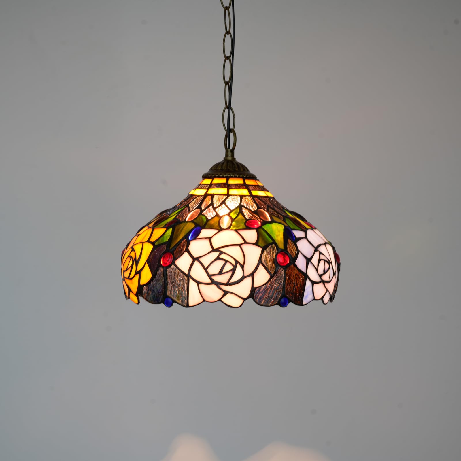 Tiffany Pendelleuchte Rose Blumen Buntglas Hängelampe 12 Zoll Antik Stil Plug in Licht für Haus Küche Insel Esszimmer Wohnzimmer Flur Theke Bar