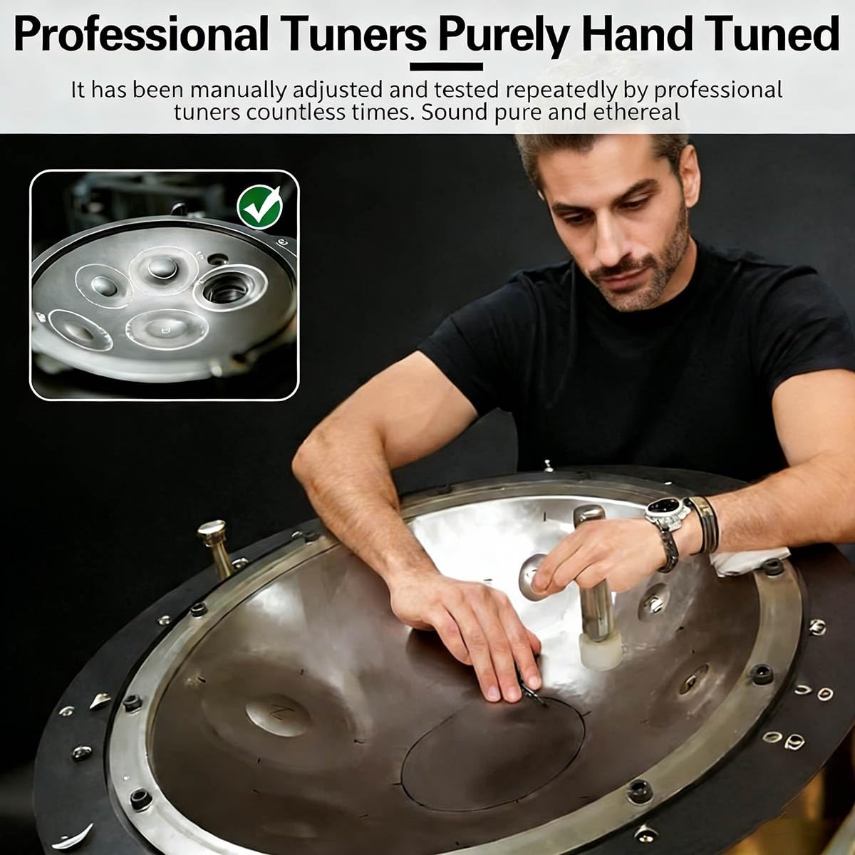Handpan 432Hz/440Hz Strumento a Percussione 22 Pollici Re Minore 9/10/12 Note Tamburo in Acciaio con Borsa Morbida, Mazze, Handpan per Yoga e Guarigione Sonora(Gold-Silver,432HZ/10Note)