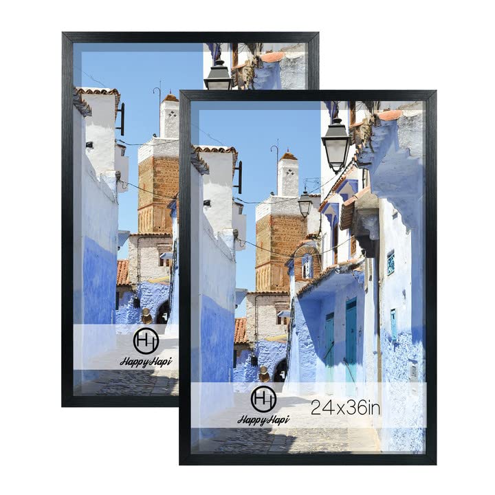 HappyHapi 24x36 Poster Frame, Black Picture Frame MDF Wood with Polished Plexiglass 24x36 Frame for for Wall Gallery, Vertically and Horizontally Display Posters/Paintings and Artworks (2 Pack)