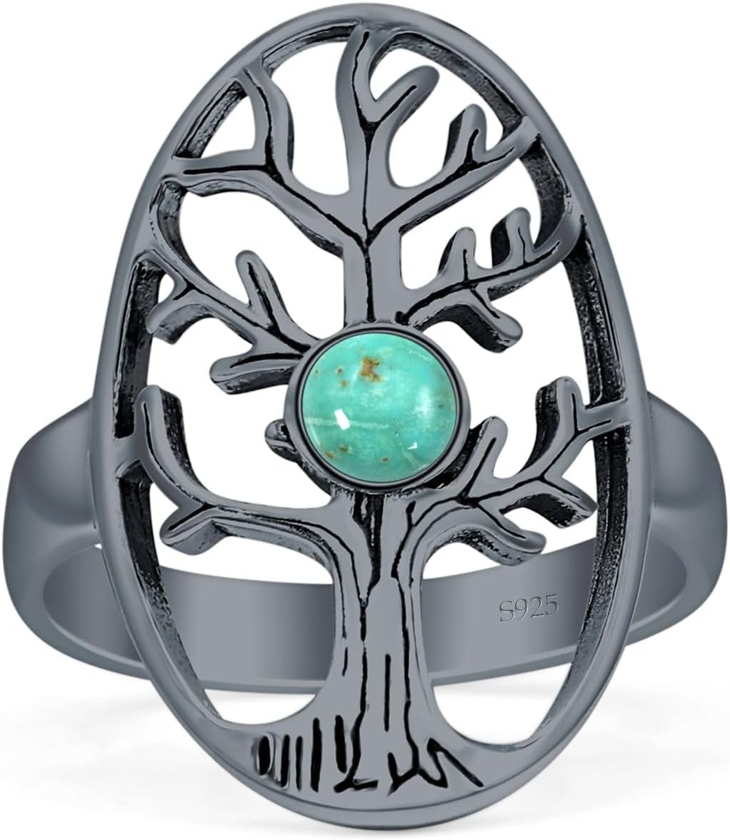 OMRANII Art Deco 23.2mm Round Lab Created Opal Tree Of Life Ring Vintage Style Oxidized Statement Opal Rings For Women 925 Sterling Silver Gift For Her