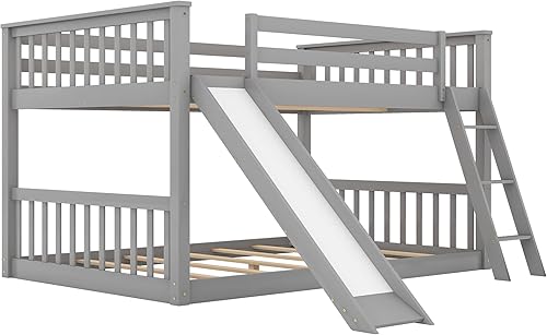 Miniatura 77 de SOFTSEA Litera individual sobre individual con tobogán, literas de casa para niños y niñas (blanco, litera de casa con tobogán) Blanco,Gris,Lavado