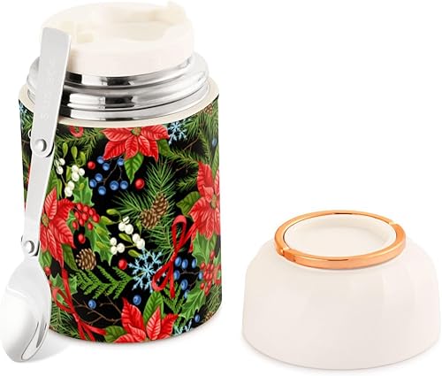 Christmas Flowers Food Jar with Spoon Stainless Steel Vacuum Insulated Food Container 17 oz Thermos for Adults