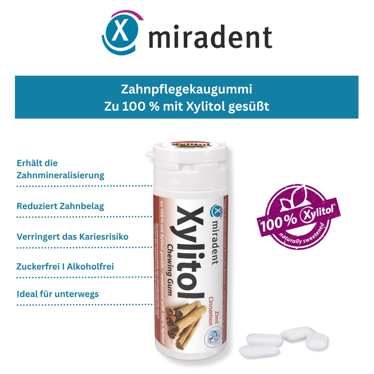 miradent Xylitol Zahnpflegekaugummi Zimt Display 12 St. | würziger Geschmack | zuckerfrei | vegan | kariespräventiv | für unterwegs