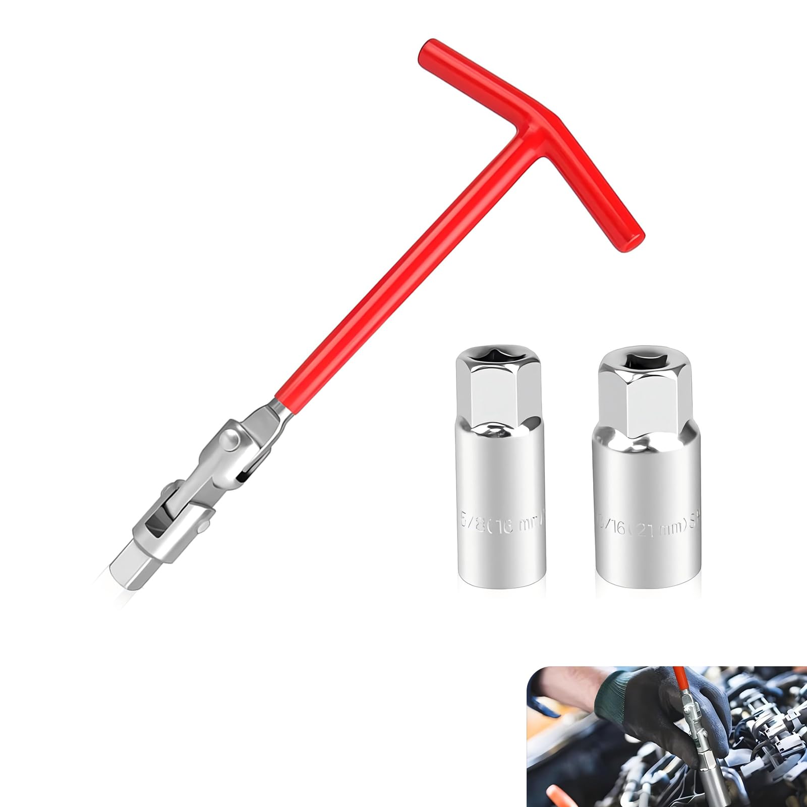Downhill 3 PCS T-shaped Spark Plug Socket Wrench, Universal Joint Spark Plug Socket Set, 360-degree Rotating Spark Plug Removal Tool, Universal for Cars and Motorcycles (Multicolored)