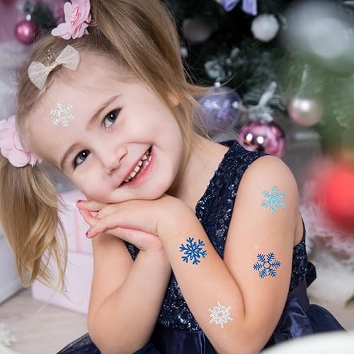 Miniatura 4 de Tatuajes temporales de copos de nieve con purpurina, 48 calcomanías de copo de nieve de invierno, accesorios de ropa lindos para cuerpo, cara,