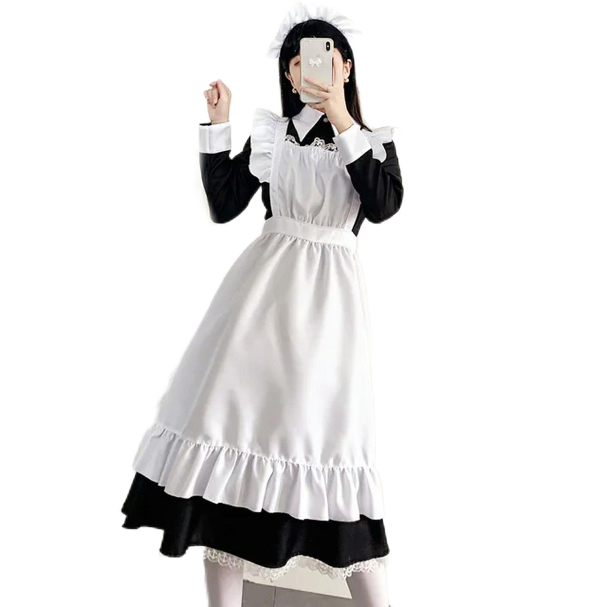 Vestito da Cameriera Carino da Donna, Vestito da Cameriera, Grembiule, Travestimento, da maggiordomo, Uniforme, Manica Lunga, XL