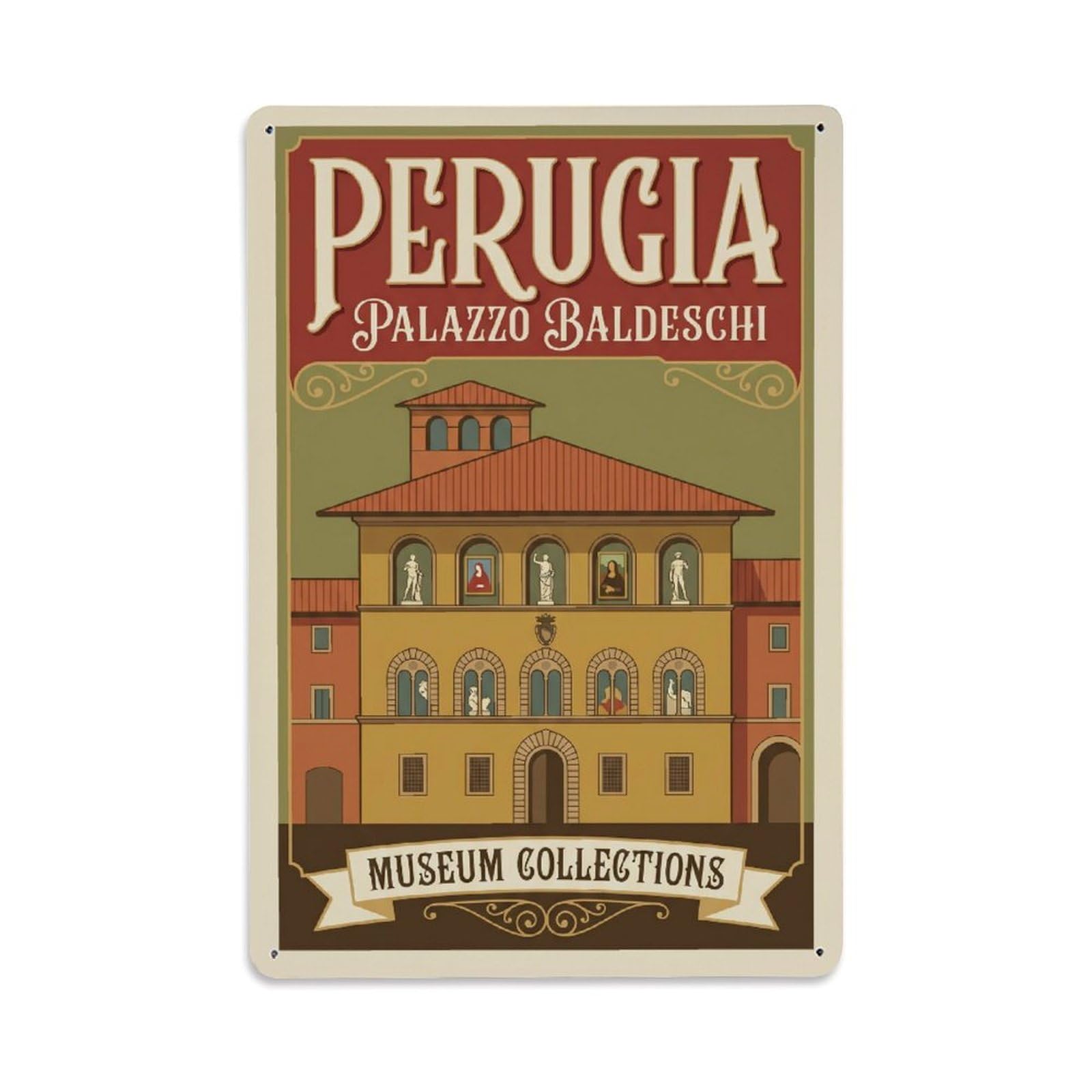 Vintage Travel Perugia Palazzo Baldeschi Clean Italy Metal Tin Sign Plaque Wall Decor for Cafe, Club Bar, Office, Home Garden Metal Poster 8x12Inch
