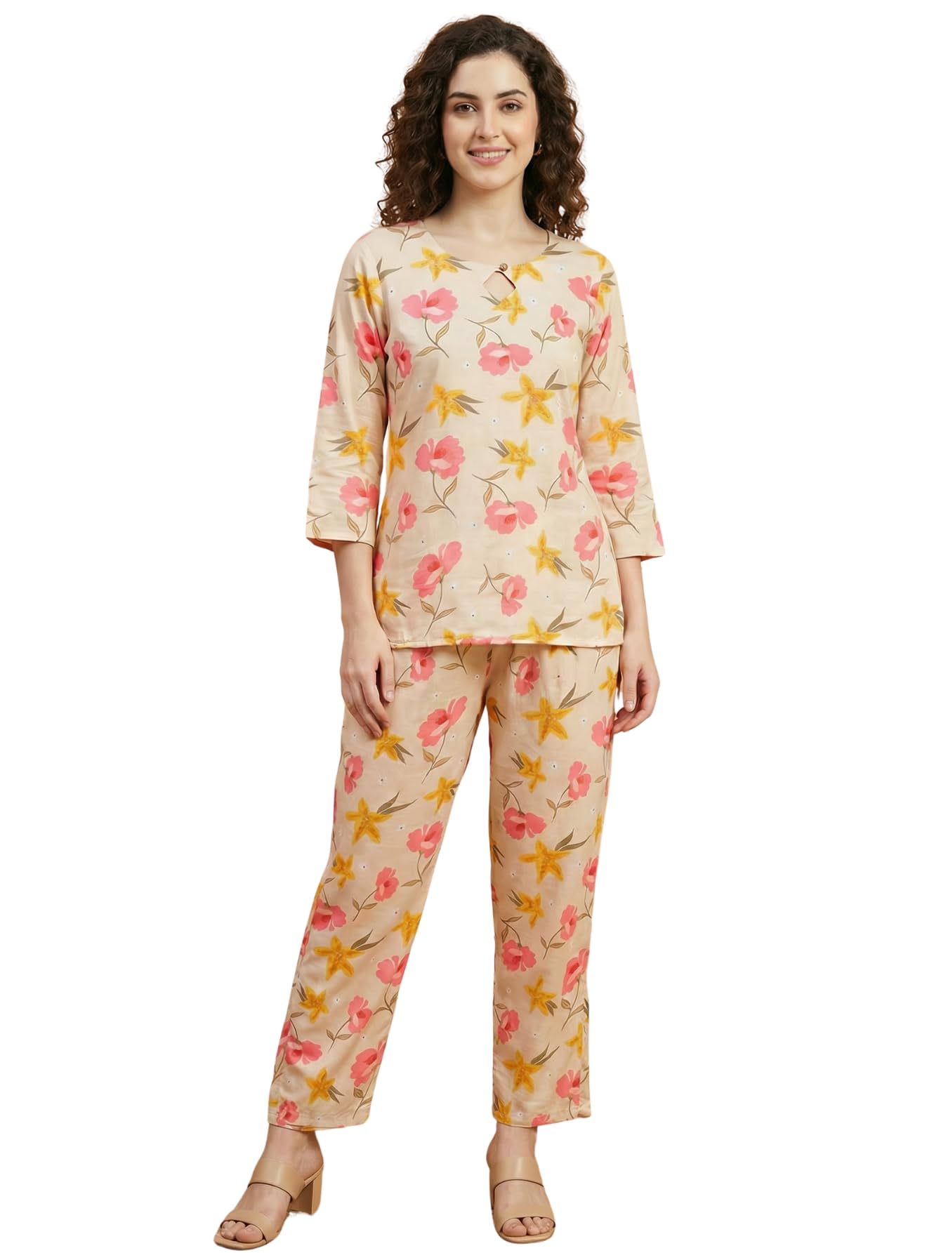 bollyclues Women’s Rayon Floral Printed Co-Ord Set | Stylish Round Neck Top and Straight Pant Set | Soft Breathable Casual Two Piece Outfit for Women-picture-34