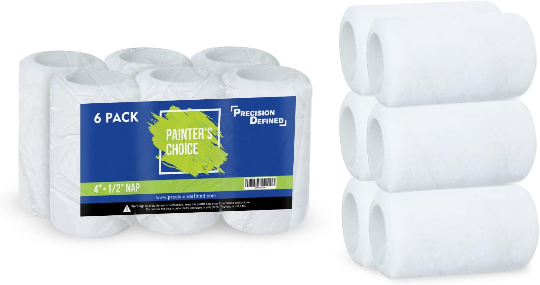 Precision Defined Paint Roller Covers 4-Inch, Paint Roller Refills 6-Pack, Replacement Covers for Roller Brushes Set, Exterior Paint Roller Cover Set for Painting Walls, Smooth Rolling (1/2-Inch Nap)