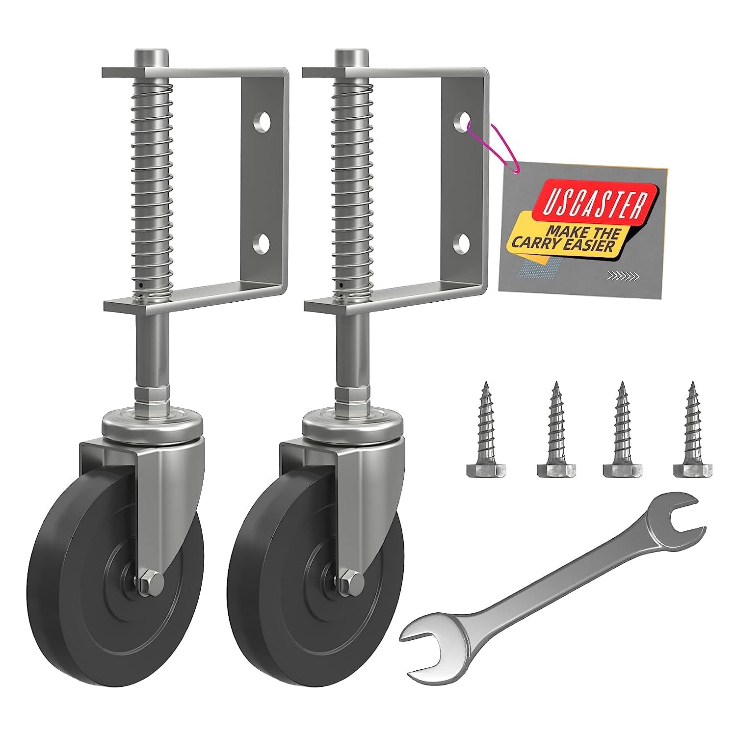 Gate Wheel 4inch Gate Caster for Wooden Gate 170lbs Capacity 360 Degree Rotation Solid Rubber Tire Spring-Loaded Gate Wheels with Screws & Screwdriver (2pack-4inch)