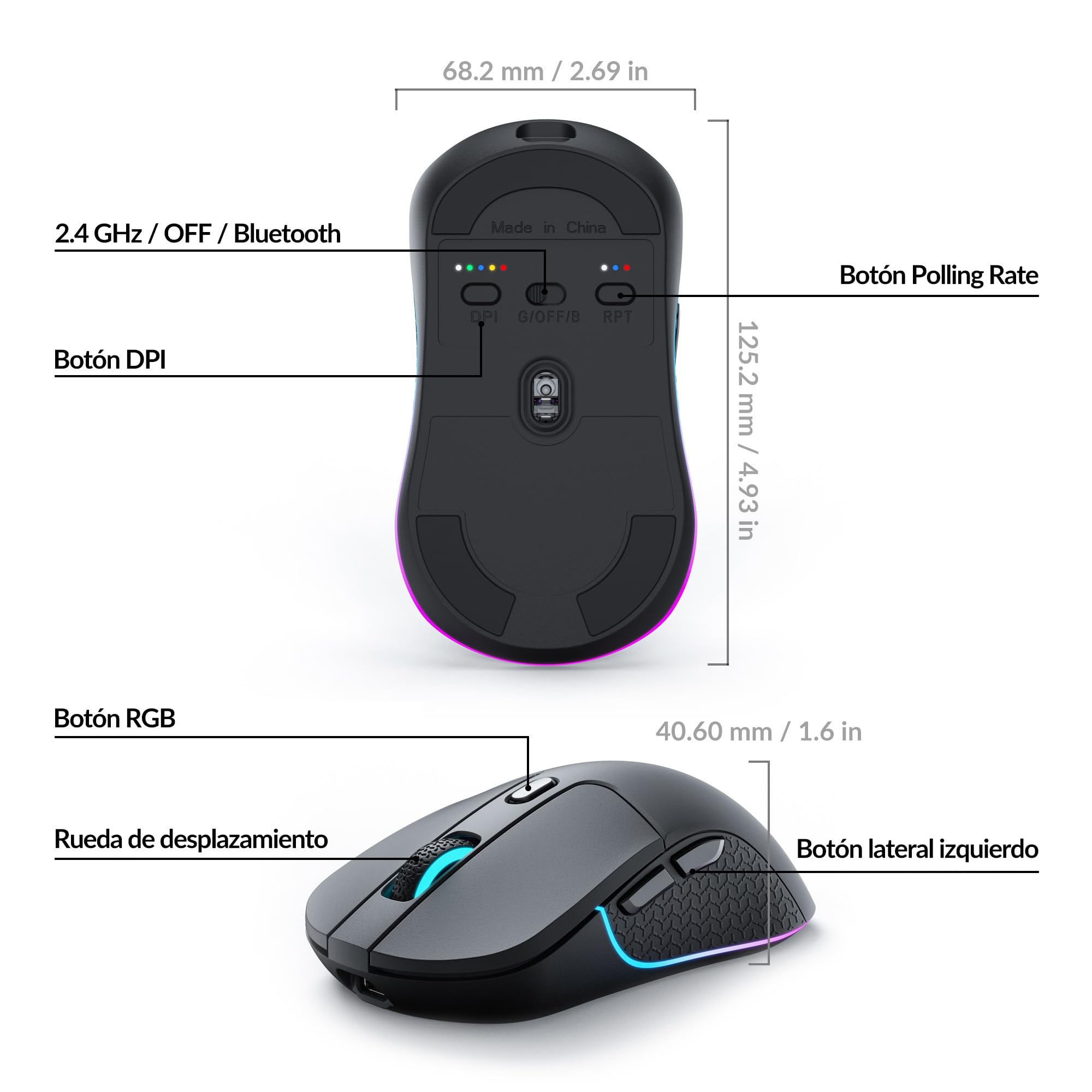 Keychron M3 Ratón Inalámbrico Programable, 2.4 GHz/Bluetooth 5.1 / USB-C, Sensor PAW3395, 26.000 dpi, Retroiluminación RGB, Ultraligero (79 g), Diseño ergonómico, Ratón Gaming para PC y Mac – Negro