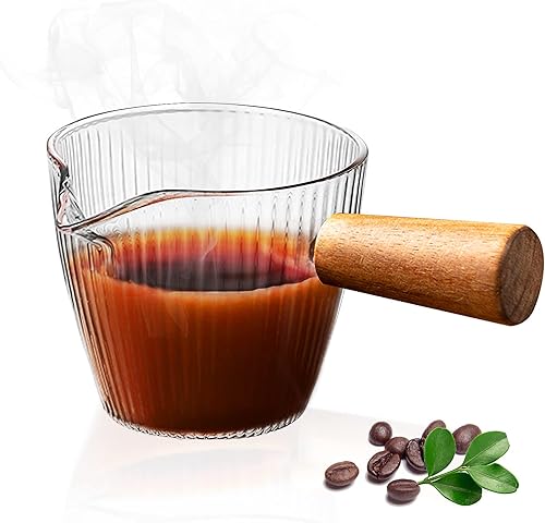 FOVERN1 1 paquete de taza medidora de doble boquilla con mango de madera, taza de leche de 4.1fl oz, piezas de café expreso, crema de vidrio
