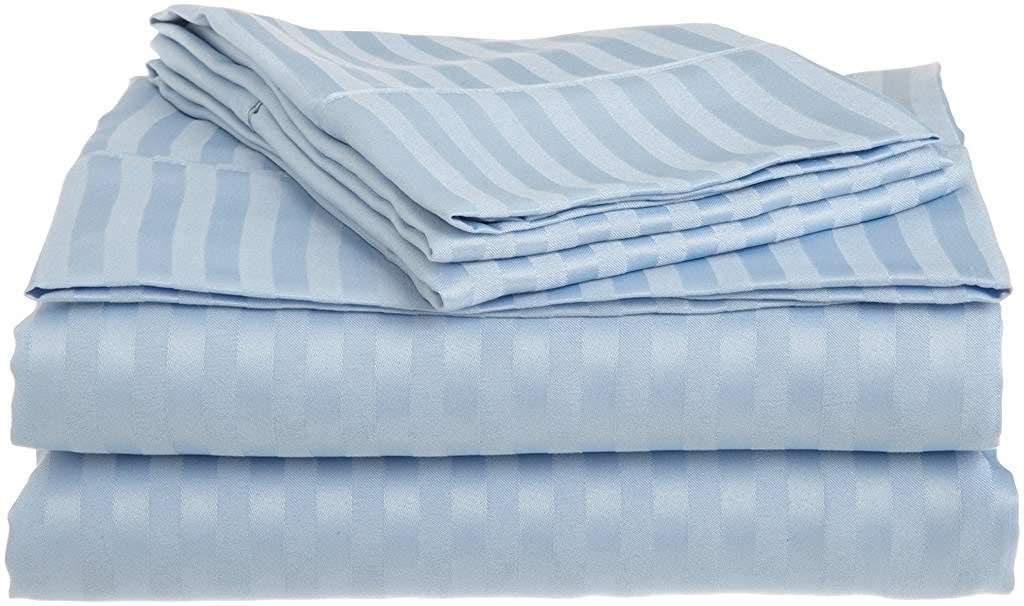 100% Egyptian Cotton 1 Piece Fitted Sheet - Light Blue Stripe Fully Elasticized Deep Pocket Of 45 CM - All Around Fitted Sheets For Better Comfort - Single Size.