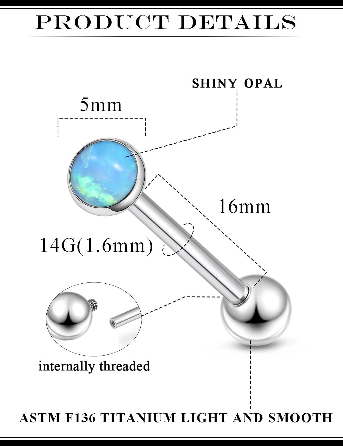 14G Astm F136 Titanium Tongue Rings Piercing Jewelry 14 Gauge Internal Thread Straight Barbell Opal Tongue Rings Piercing Jewlery for Women Men White Pink Purple Blue Green 16MM Bar Length