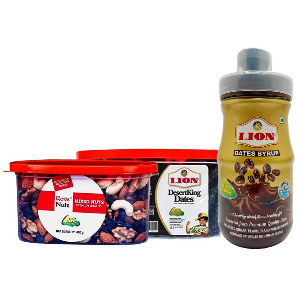 Lion Dates Syrup, Desert King Dates, Mixed nuts (Date Syrup 1 Kg & Dates 500 g & Mixed Nuts 400 g) Mixed dry fruits combo pack