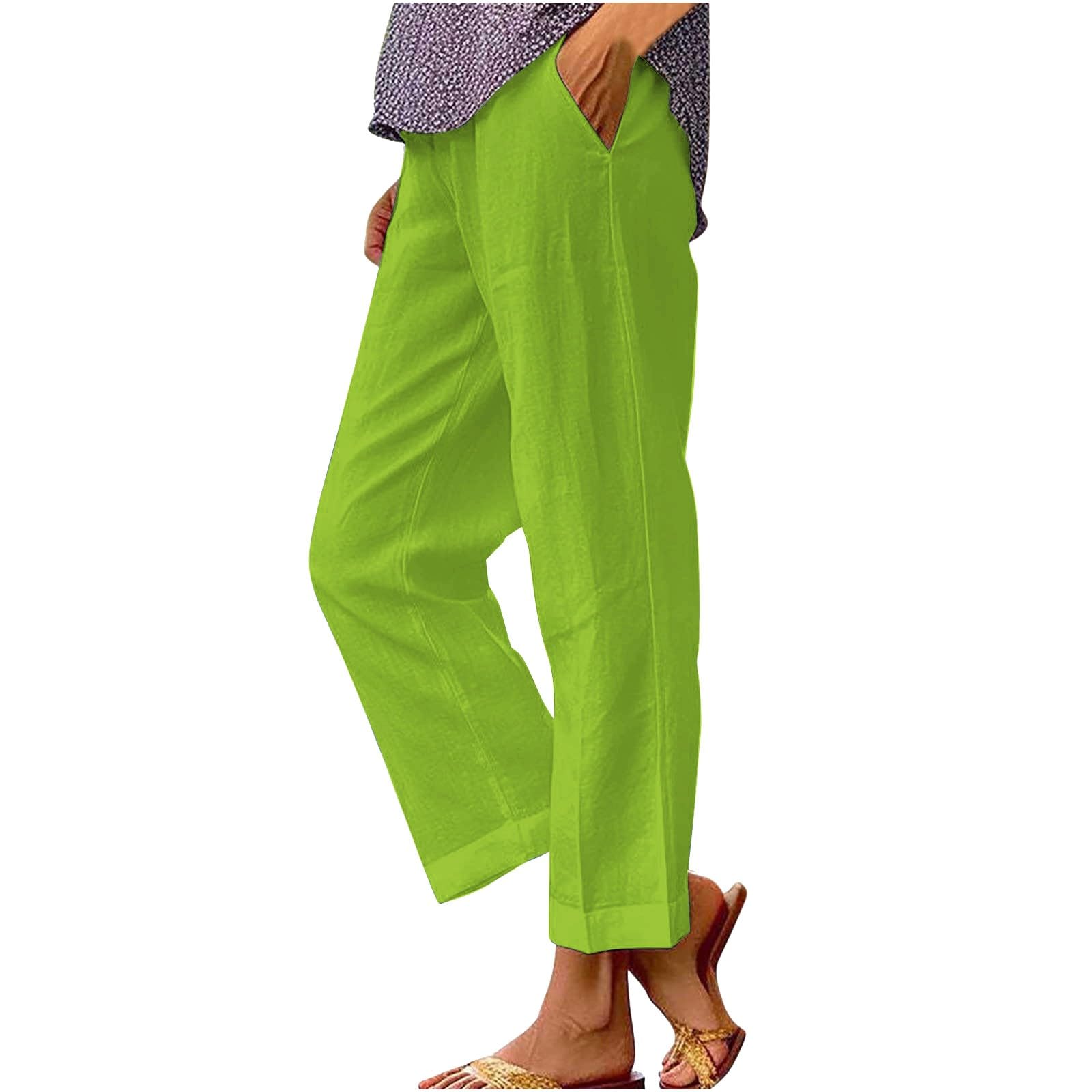 Ladies Trousers, Cotton Linen Trousers Womens UK Solid Color Elasticated Waist Trouser Ladies Summer Lounge Pants Plain Loose Fit Capri Pant Casual Straight Leg Bottoms with Pockets
