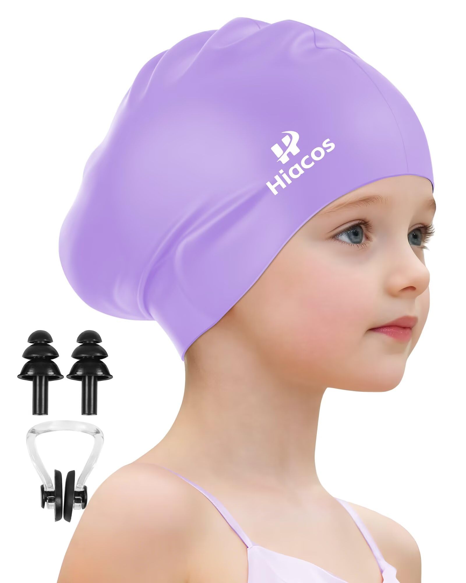 Kids Swim Cap for Girls Boys, 2 Size Silicone Swimming Cap for Long Hair Short Hair, Waterproof Swim Hats Bathing Caps for Age 3-15 Toddlers Children Teens to Keep Hair Dry-Purple