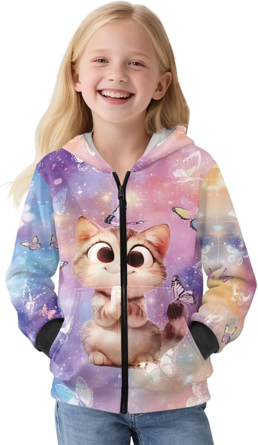 Girls Hoodie Graphic Fleece Jacket Long Sleeve Sweatshirt Full Zip Coat with Hood Spring Fall Winter Outwear