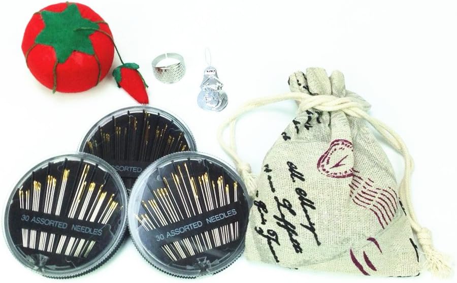 30-Count Assorted Hand Sewing Needles Large Eye Set, 3 Pack with Tomato Pin Cushion,Thimble,Needle Threader
