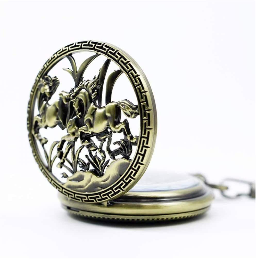 Collana del pendente analogica dell'orologio analogico del quarzo del quarzo del bronzo dell'annata, orologio da tasca meccanico cavo di bronzo, orologio da tasca inciso scheletro con catena,
