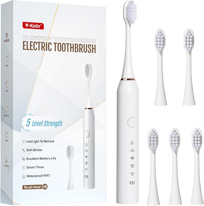 Y-Kelin Cepillo de dientes eléctrico Sonic recargable con 6 cabezales Dupont, temporizador de 2 minutos, 5 modos de limpieza, incluye función de blanqueamiento (blanco)