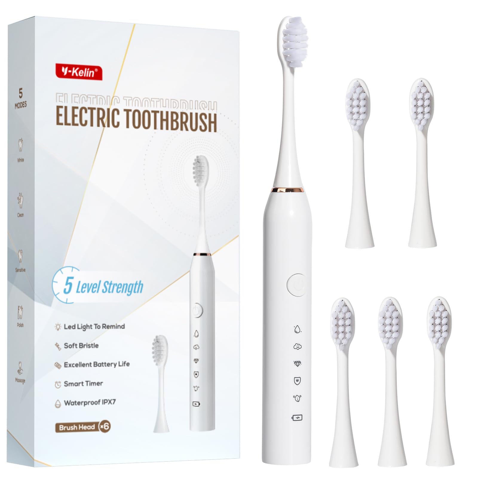 Sonic Electric Toothbrush, Rechargeable Power Toothbrush with 6 Duponts Brush Heads, with 2 Minute Smart Timer, 5 Modes with Teeth Whitening, Gift for Family