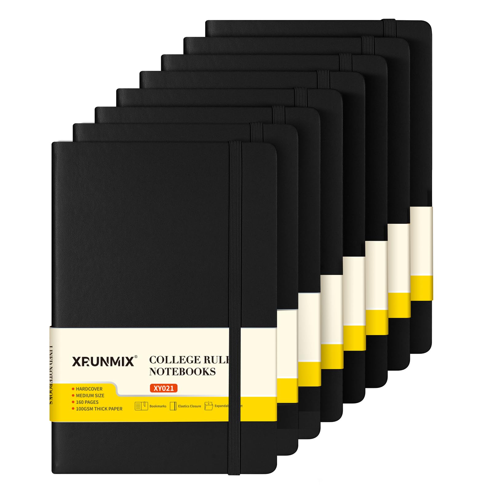 XRUNMIX Quaderno A5 con copertina rigida, confezione da 8, a righe, carta da 100 g/m², con tasca interna, segnalibro con nastro, chiusura elastica, colori assortiti, 160 pagine (nero)