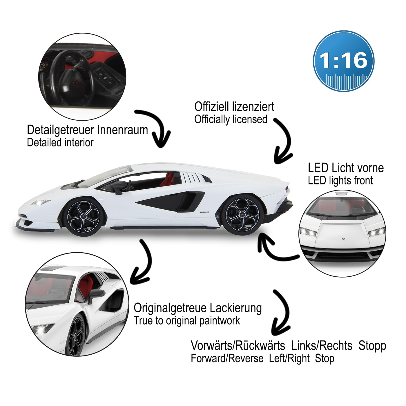 JAMARA Lamborghini Countach LPI 800-4 1:16 Biały 2,4 GHz - Oficjalna licencja, szczegółowe wnętrze, wierne malowanie, przezroczysta przednia szyba, światło LED, samochód RC