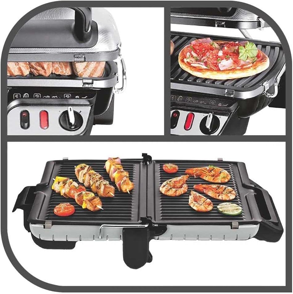 Tefal Griglia a contatto 3 in 1 con funzione di copertura e vassoio di raccolta, doppia superficie di cottura, apribile come barbecue da tavolo/barbecue, termostato regolabile, rivestimento