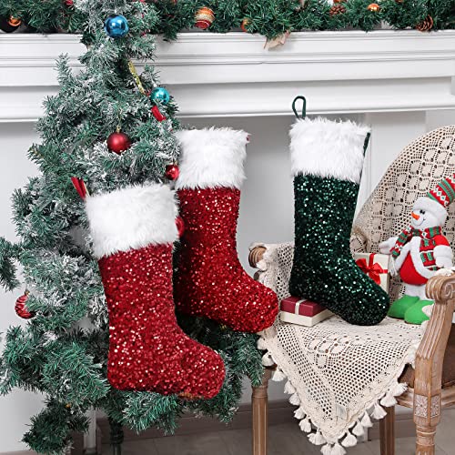 Qbsm 4 Pack Christmas Stockings, 19.7'' Red And Green Sequin Stocking With White Faux Fur Cuff Xmas Fireplace Hanging Stockings For Christmas Decoration #TOP2