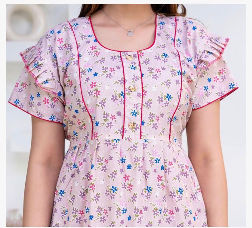 Image of Women's Pure Cotton Maxi Nighty, Floral Print, Short Sleeve Night Gown Adjustable Back BeltSoft Breathable Full-Length Sleepwear & Lounge Wear