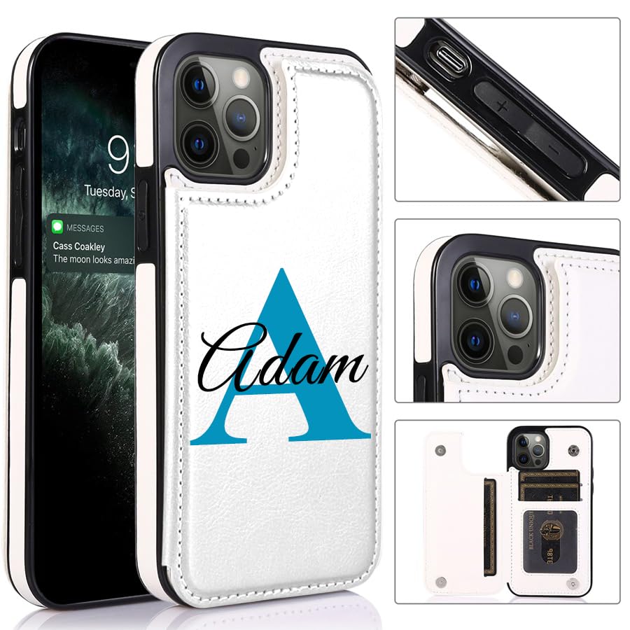 DAOLEMIJI Custom Personalized Name for iPhone 15 14 13 12 11 Plus Pro Max Wallet Case, Card Slot and Magnetic Clasp, PU Leather Double Magnetic Clasp Phone Case White