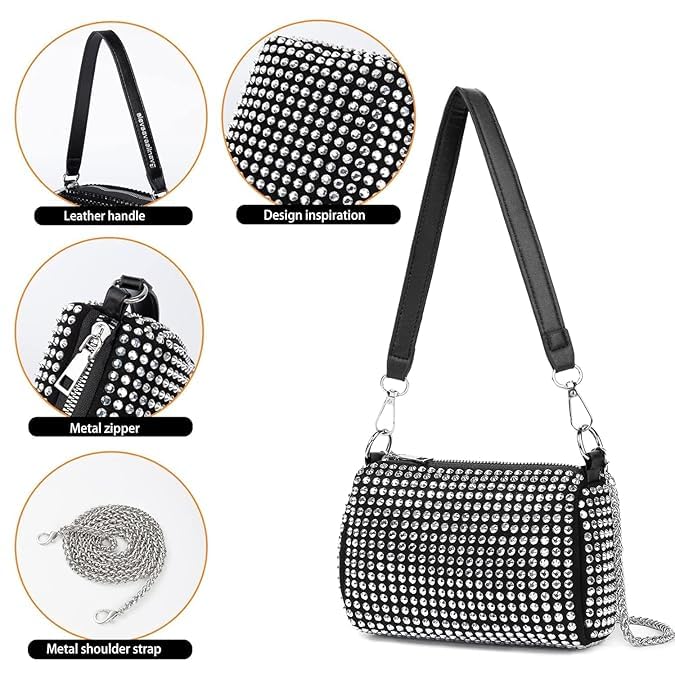Image of Classy Bag Women's Rhinestone Studded Shoulder Bag - Black Barrel Purse with Detachable Chain Strap - Sparkly Evening Handbag for Party, Prom, or Night Out