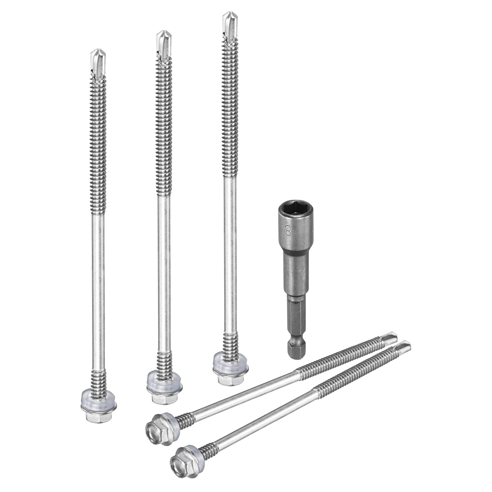 M METERXITY 50-Pack Self-Drilling Screws for Metal, #12x5" 410 Stainless Steel Hex Washer Head Self-Tapping Sheet Metal Screws with Hex Driver Bit