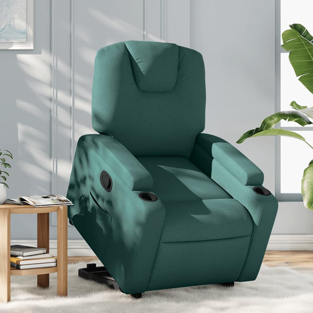 Sillón elevador reclinable verde oscuro de tela con motor eléctrico y función manual, asiento acolchado y estructura estable, cómodos portavasos y bolsillo lateral