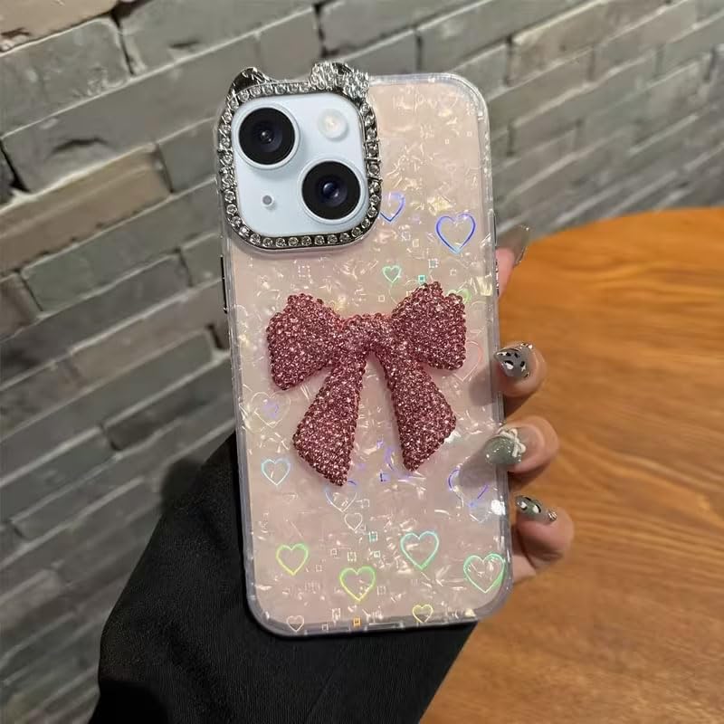 Image of mobistyle Compatible with iPhone 14 | Rhinestone Bow Elegant Heart Shell Pattern and Camera Lens Protection Back Cover Case for Women Girls iPhone 14 (Pink)
