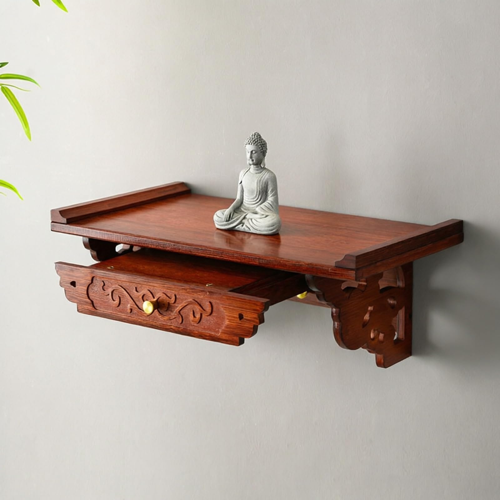 Wall Mounted Bamboo Buddha Altar Table With Drawer, Pooja Mandir Shrine Shelf For Buddha Statue, Meditation, Prayer, Incense Offerings, Home Temple Decor